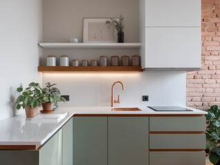 Contemporary kitchen corner with light cabinets and copper accents.