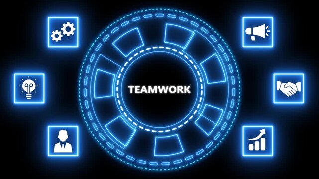 Abstract teamwork concept with illuminated icons and central text on black background