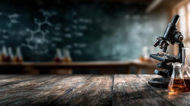 A classic microscope is placed on a wooden table surrounded by lab glassware, set against a chalkboard backdrop filled with scientific formulas, depicting the essence of research.