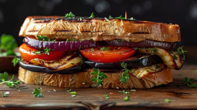 A sandwich overflowing with grilled eggplant onion and tomato slices.