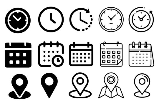Time, Date and Location Icon set. Vector illustration of Date, Time and Address icon set. editable stroke
