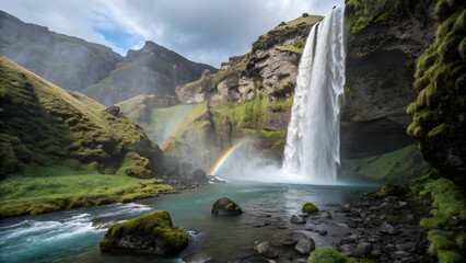 Naklejka premium Majestic Waterfall Cascading into Teal Pool Amidst Mossy Green Mountains and a Vibrant Rainbow cascade