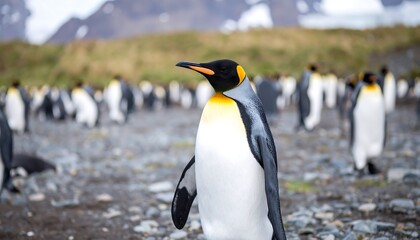 Fototapeta premium King penguin standing amidst a colony.