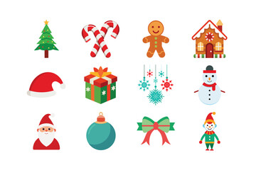 Festive Holiday Season Clipart Bundle with Christmas Tree, Santa Claus, Elf, Reindeer, Lights, Hat, and Gift Boxes on White Background 
