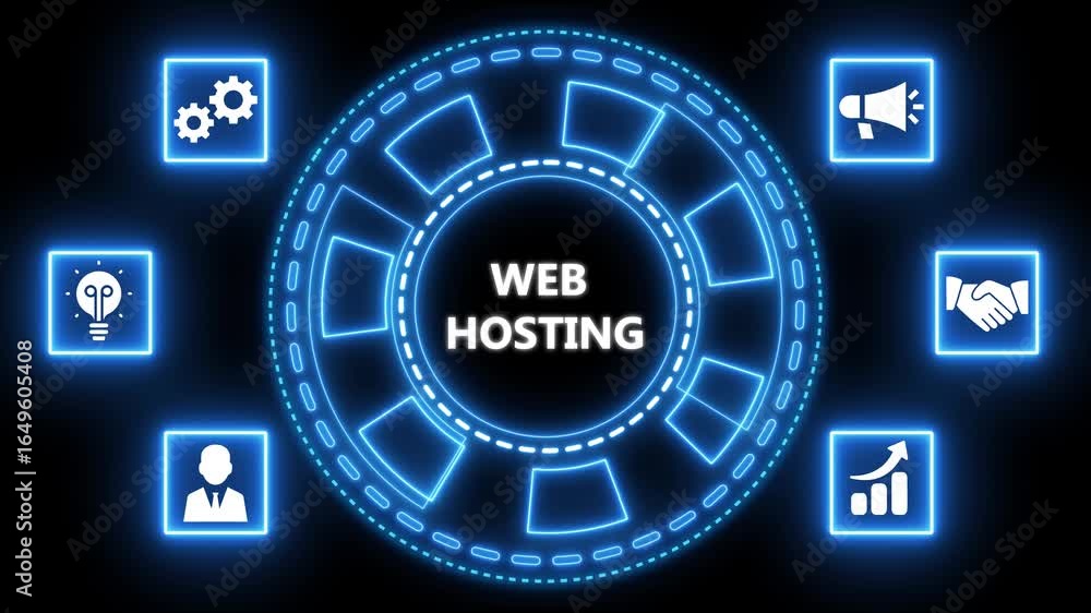 Poster web hosting concept with neon blue icons representing various relevant services