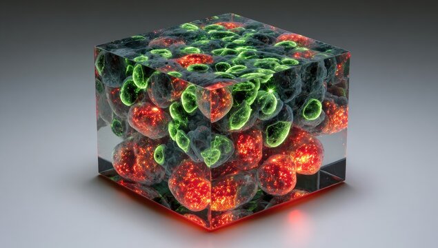 Transparent cube, glowing red and green cells