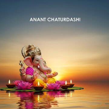 Lord ganesha statue on water with lamps during sunset