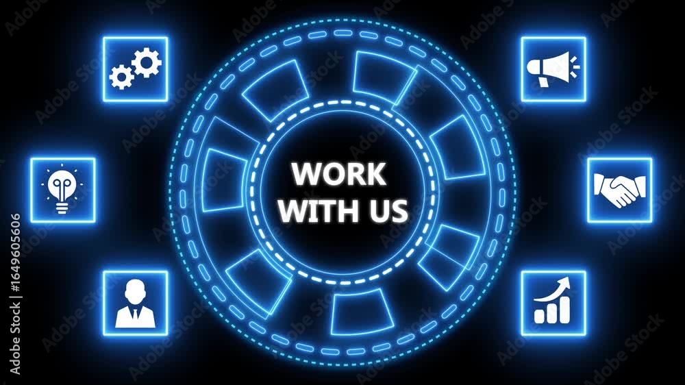 Poster futuristic animated graphic with work with us message and business icons