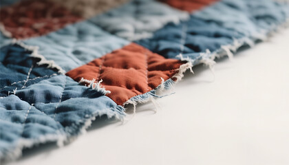 **Frayed quilt corners with patchwork edge in faded indigo and brick red squares and copy space**