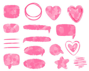 Watercolor pink doodle design kit with circles, hearts, arrows, speech bubbles and stars, ideal for planners and sweet Valentine decor. Vector illustration.