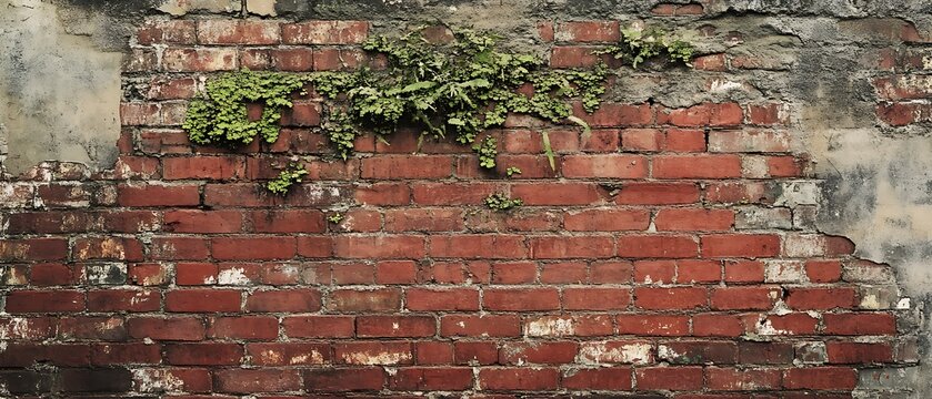 Aged red brick wall with green vines and patches of plaster, providing a textured backdrop. - Powered by Adobe