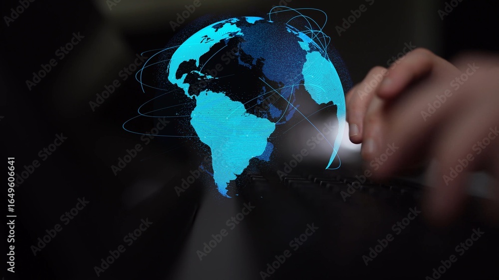 Poster global network connection visualization showing data exchange, digital link, worldwide communication