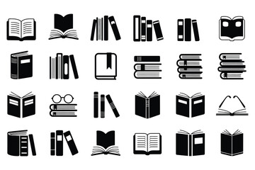 Solid black book and reading icon collection for education design