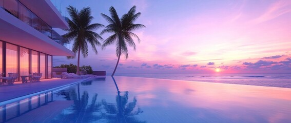 Obraz premium Luxury beachfront infinity pool with a modern house at sunset. Pastel colors of pink and purple