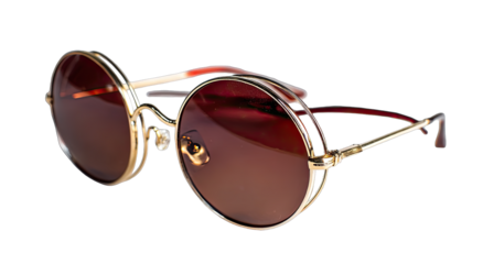 Round, metal-framed sunglasses, deep brown lenses