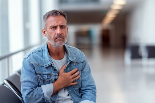 Middle-aged man seated in a waiting room holding his chest, expression of pain and concern, hospital hallway background, chest pain concept.