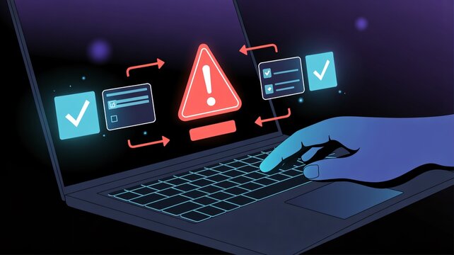 Online security threat detected on laptop with warning sign, protecting sensitive data