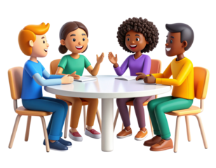  Playful cartoon style characters seated at a round table, engaging in discussion PNG