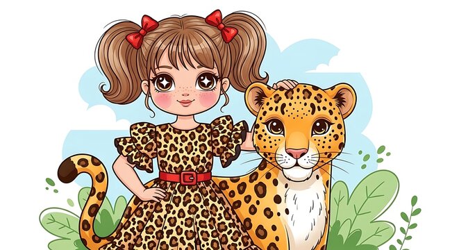 Adorable Cartoon Girl in Leopard Print Dress with a Friendly Cheetah Companion