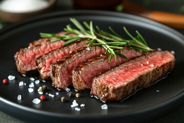 Fototapeta premium Gourmet Sliced Beef Steak on a Dark Plate
