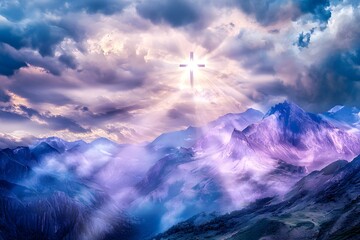 A breathtaking landscape with towering mountains under a dramatic sky, illuminated by a divine glow that subtly suggests Jesus and god’s omnipotence