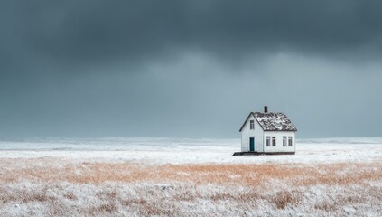 Solitary white house on a snowy plain under a stormy sky