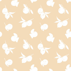 Light seamless pattern with white silhouettes of fruits and branches on a beige background. Designed in a minimalist vintage style with a distressed texture. Elegant and versatile design,