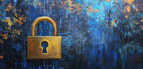 Golden padlock on a backdrop of abstract circuit boards and trees