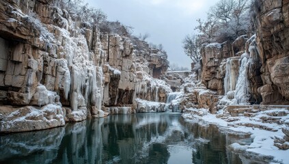 Frozen winter gorge, icy waterfall, snow-covered cliffs