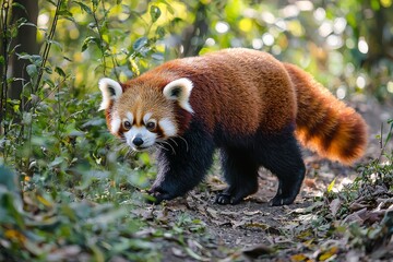 Obraz premium Red panda walking in the wild, photorealistic view of adorable mammal in natural forest habitat, professional wildlife photography.