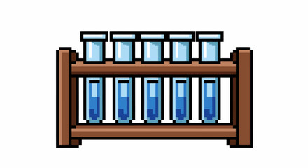 Pixelated Science Test Tubes on a Wooden Rack in a Digital Illustration