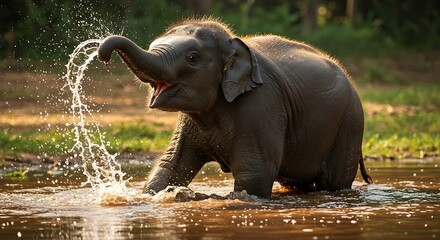 Playful Baby Elephant Splashing in Water