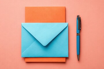 Colorful envelopes and a pen on a pastel background.