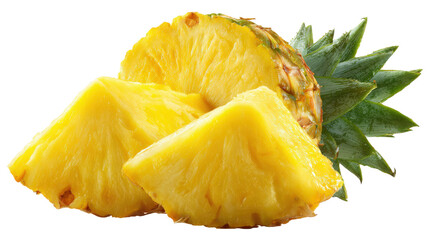 Pineapple Cuts Isolated, Raw Ananas Pieces, Comosus Tropical Fruit Chunks, Ripe Pineapple Slices isolated on a white background