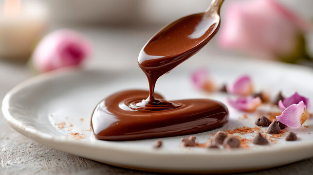 Silky chocolate sauce drizzles from a spoon onto a heart-shaped piece, surrounded by delicate rose petals, creating an elegant dessert setting.