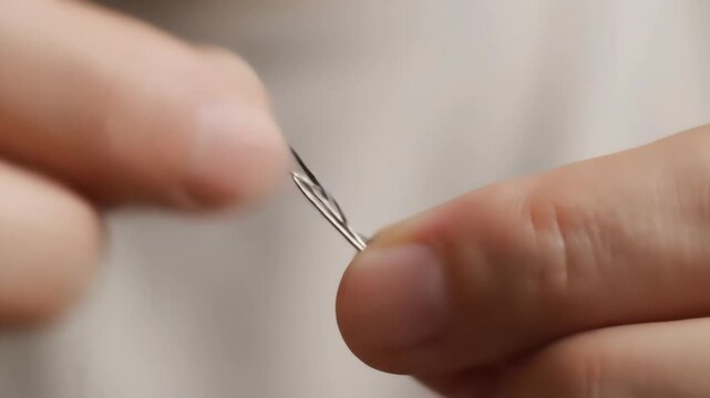 Close-up view of hands carefully threading a needle with black thread demonstrating manual craft work on a light blurred background.