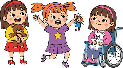 Happy diverse children playing with toys, jumping and smiling, inclusive cartoon illustration with wheelchair, teamwork, joy, and positive emotions