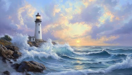 Lighthouse at sunset, stormy seas
