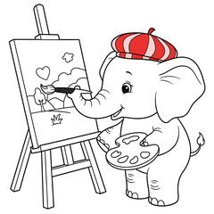 Cute baby elephant artist painting on canvas cartoon illustration for kids coloring page and art design