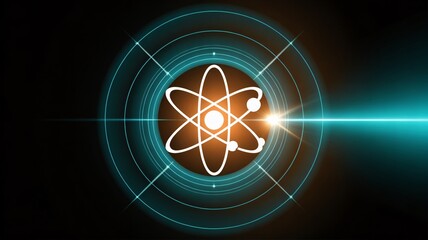 Dynamic atom model with glowing energy rings representing scientific innovation and progress