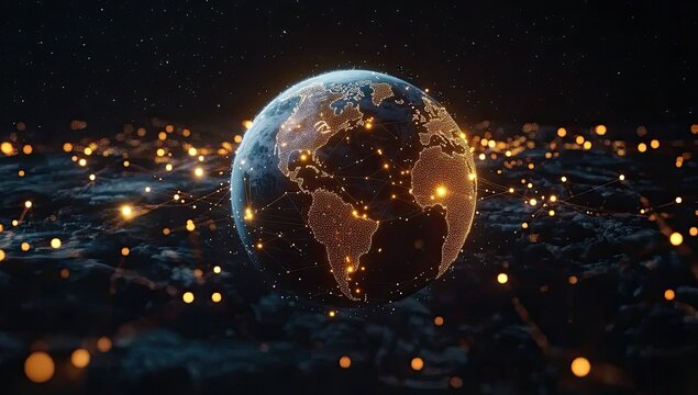 Earth globe, illuminated by glowing network