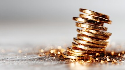 A close-up of a stack of gleaming golden coins set against a blurred background, symbolizing wealth and prosperity in a visually striking manner.