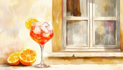 A vibrant Aperol Spritz,  watercolour style, next to a window
