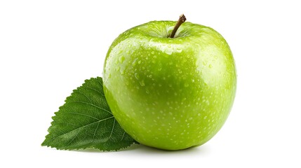 A vibrant green apple with a fresh leaf, a picture of freshness and healthy eating. The apple displays freshness and vibrant color