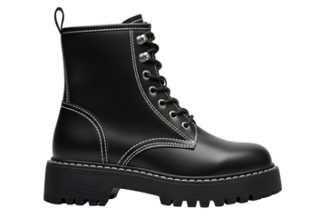 Black Leather Combat Boot with White Stitching and Thick Sole.