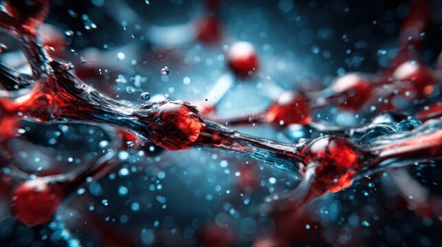 A detailed visualization of red molecular structures surrounded by a blue ethereal backdrop, illustrating the complexity and beauty of chemical interactions in an abstract form.