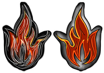 Dynamic flame vector illustration set with stylized fiery shapes and a dark outline, perfect for energy, power, and intensity concepts in graphic design and abstract artwork.