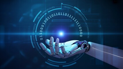 Futuristic robotic hand offering digital connection with binary code on a dynamic blue backdrop