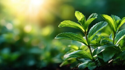 Young stevia plants bask in the sunlight, showcasing their vibrant green leaves, symbolizing growth, sustainability, and the beauty of nature in agricultural practices.