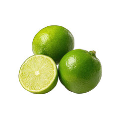 Fresh limes, whole and sliced, vibrant green, glossy surface, studio shot against black background